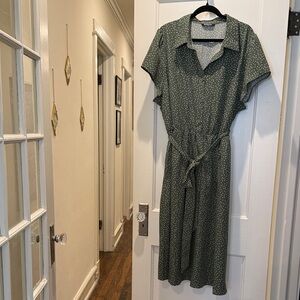 Polka Dot Collared Midi Dress - Olive Green